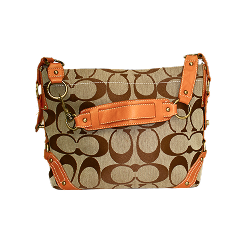 Stylish Coach handbag with brown monogram pattern and orange leather straps, featuring gold hardware accents.