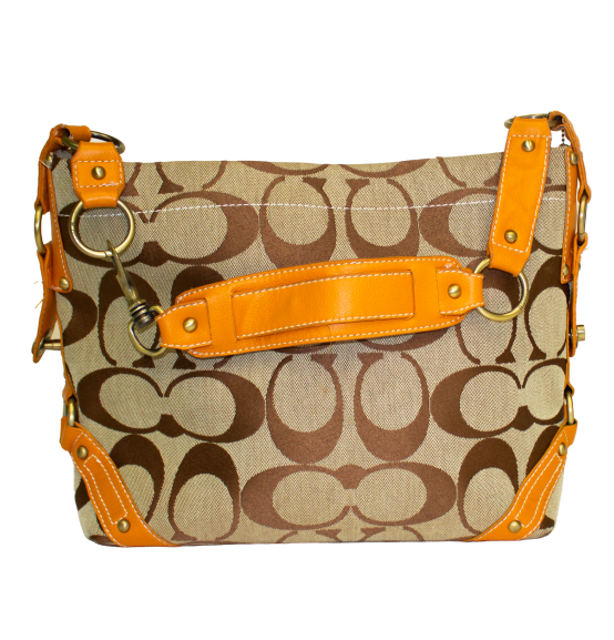 Stylish Coach handbag with brown monogram pattern and orange leather straps, featuring gold hardware accents.