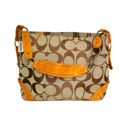 Stylish Coach handbag with brown monogram pattern and orange leather straps, featuring gold hardware accents.