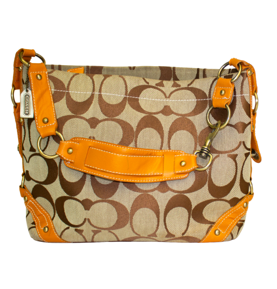 Back view of Cassie, brown Coach monogram pattern and orange leather straps, featuring gold hardware accents.