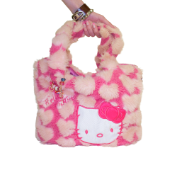 A fluffy hot pink/light pink bag with a heart pattern and a large Hello Kitty patch embroidered on the front of it.