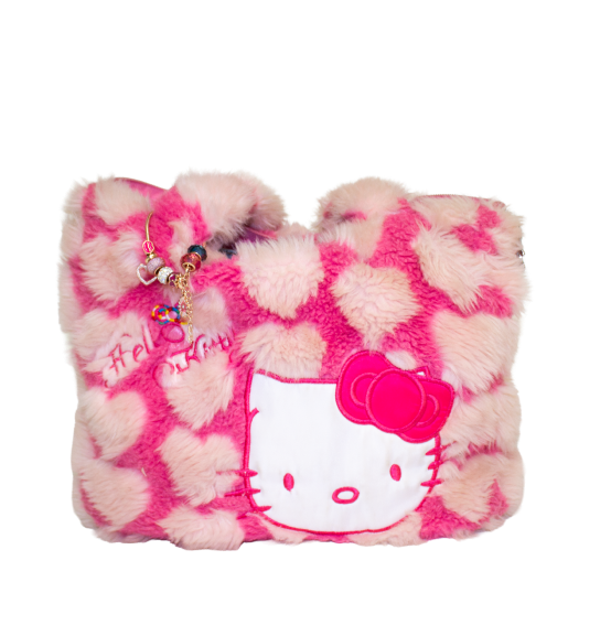 A fluffy hot pink/light pink bag with a heart pattern and a large Hello Kitty patch embroidered on the front of it.