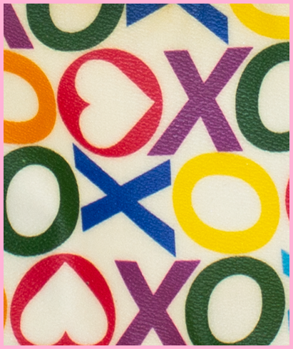 Detail shot of Harley's plastic vinyl texture and XO pattern.