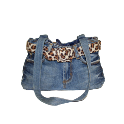 Jean purse that resembes a pair of jeans made of denim, decorated with a leopard print belt.