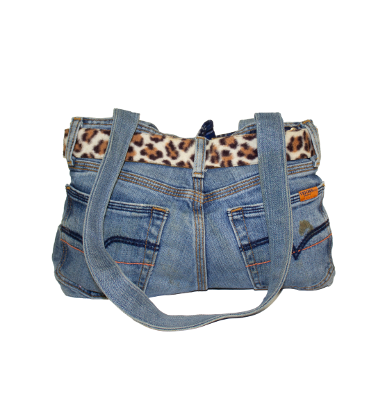 Back view of jean purse that resembes a pair of jeans showcasing back jean pockets on the bag.