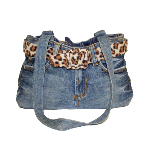 Jean purse that resembes a pair of jeans made of denim, decorated with a leopard print belt.