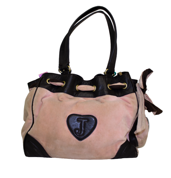 Back view of Juicy Couture handbag with a pleather brown heart that has an embossed J in it.