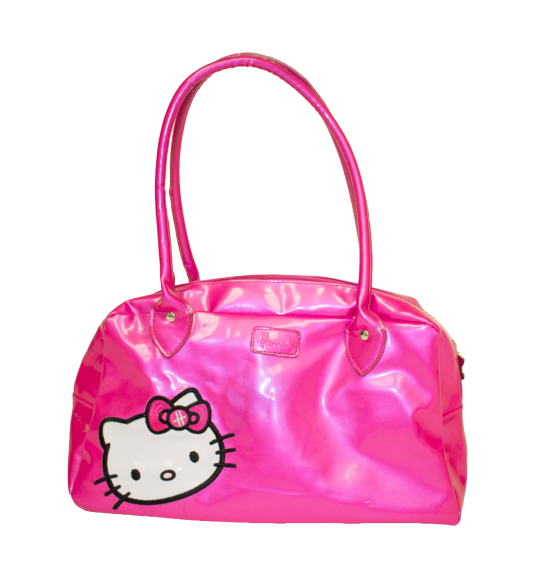A hand holds a shiny hot pink Hello Kitty handbag with a bow, showcasing a playful and stylish accessory.