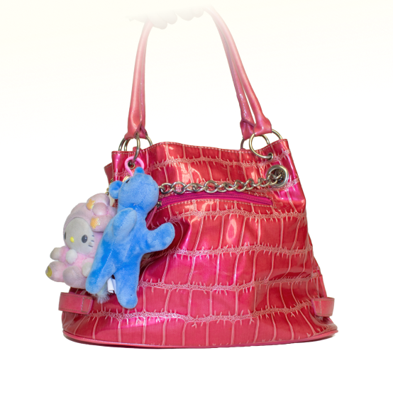 A shiny pink handbag with chain straps, pom-pom accents, and an alligator textured pattern, featuring a prominent D&G logo on the front.