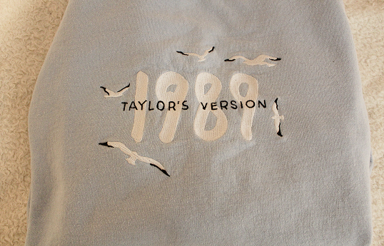Light blue sweatshirt that reads 1989 Taylor's Version surrounded by seagulls.