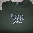 Dark green sweatshirt that reads Folklore.