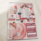 Up-and-down view of a spread featured in Time Magazine that showcases Swiftie merchandise.