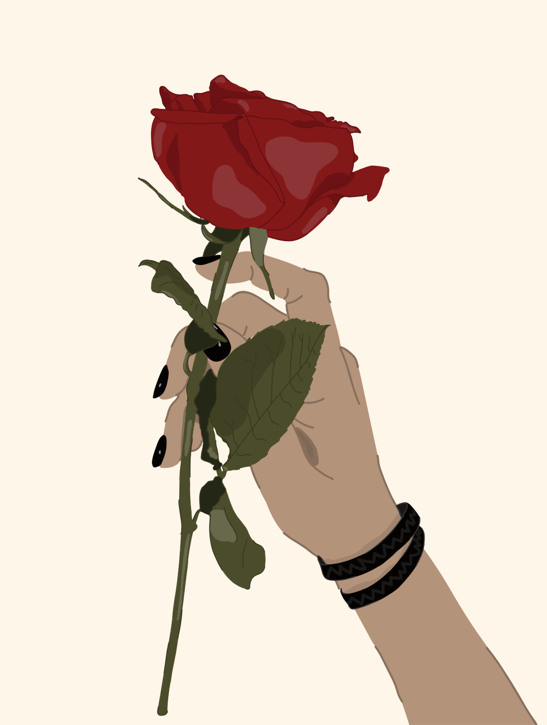Drawling of a hand holding a rose.