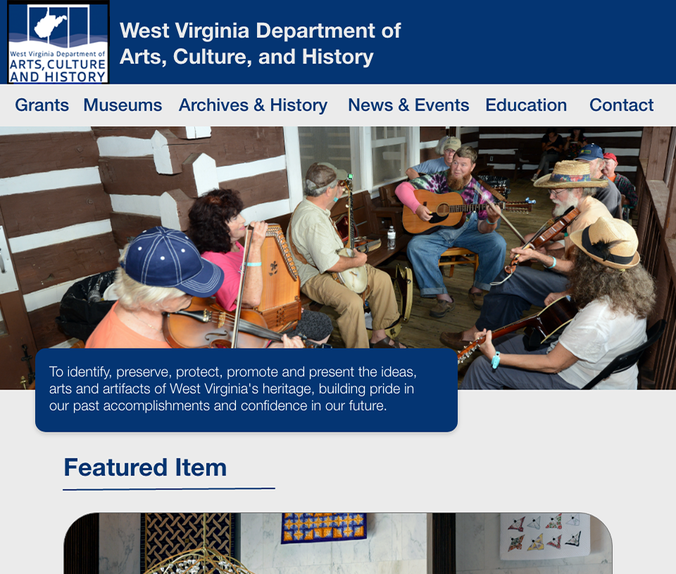 Preivew of the WV Culture of Arts, Culture, and History wbesite redesign.