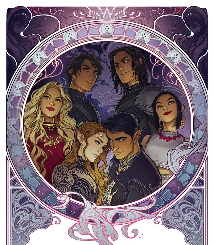 Portrait of Velaris's inner court showing Feyre, Rhysand, Amren, Cassian, Azriel, and Morrigan